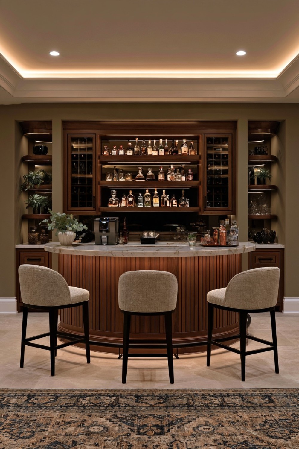Curved basement bar fitted around a corner