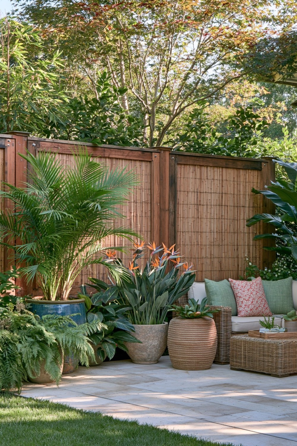 Bamboo privacy screening installed securely around a tropical patio