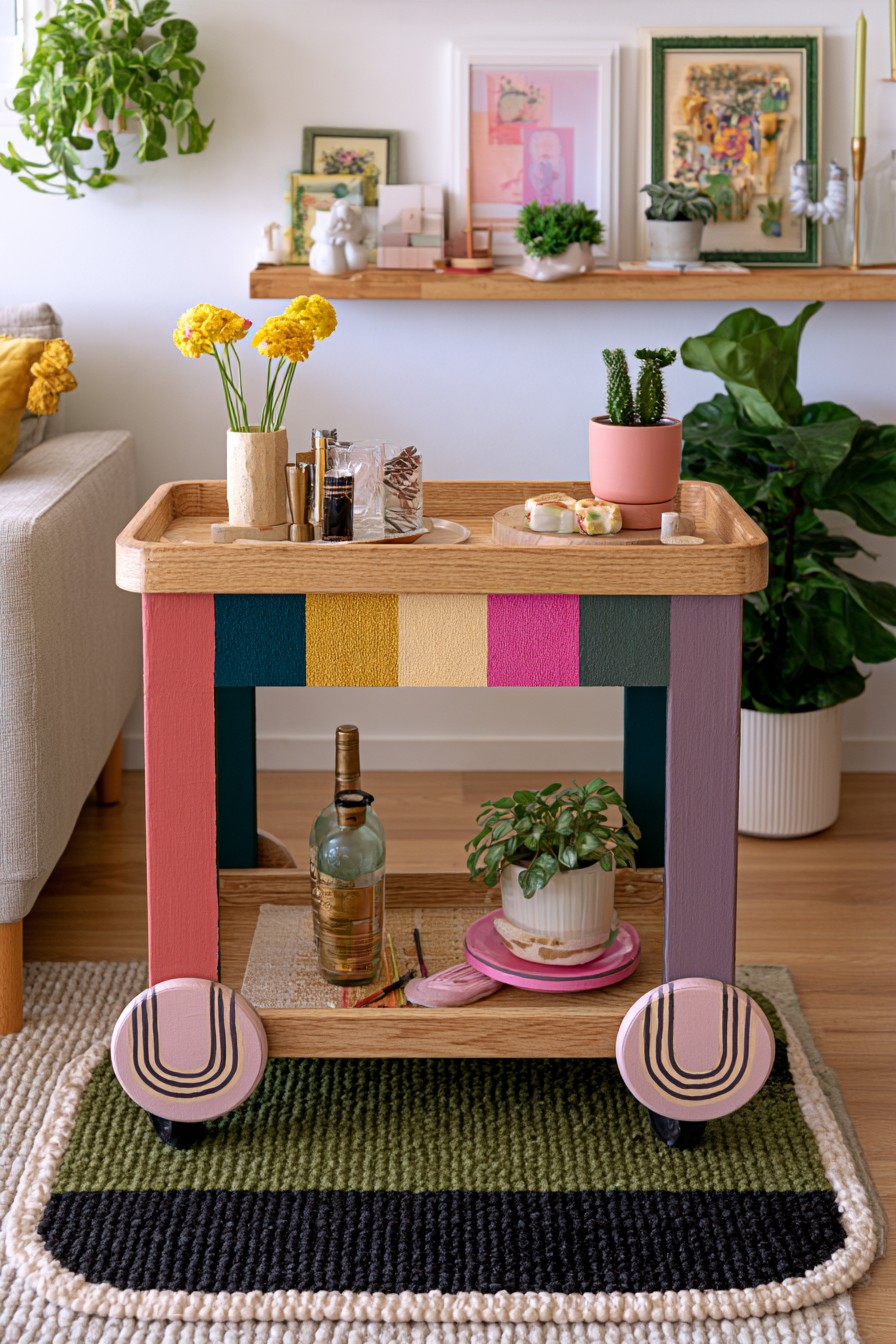 Color block painted rolling cart with coral teal mustard and natural wood