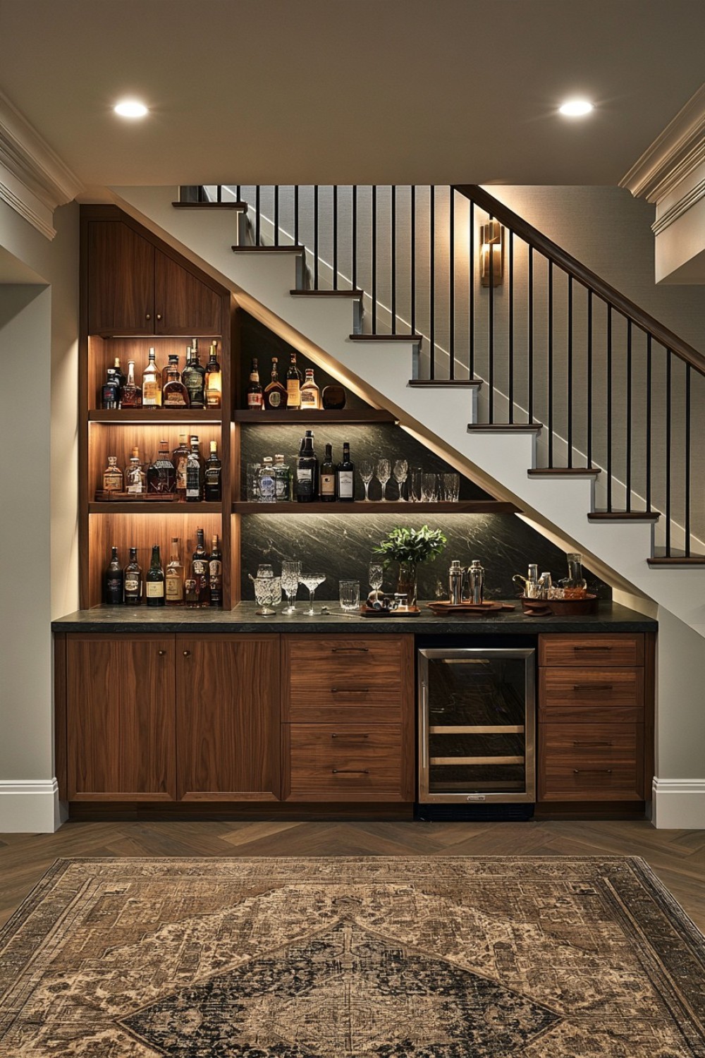 Compact cocktail station fitted beneath basement stairs