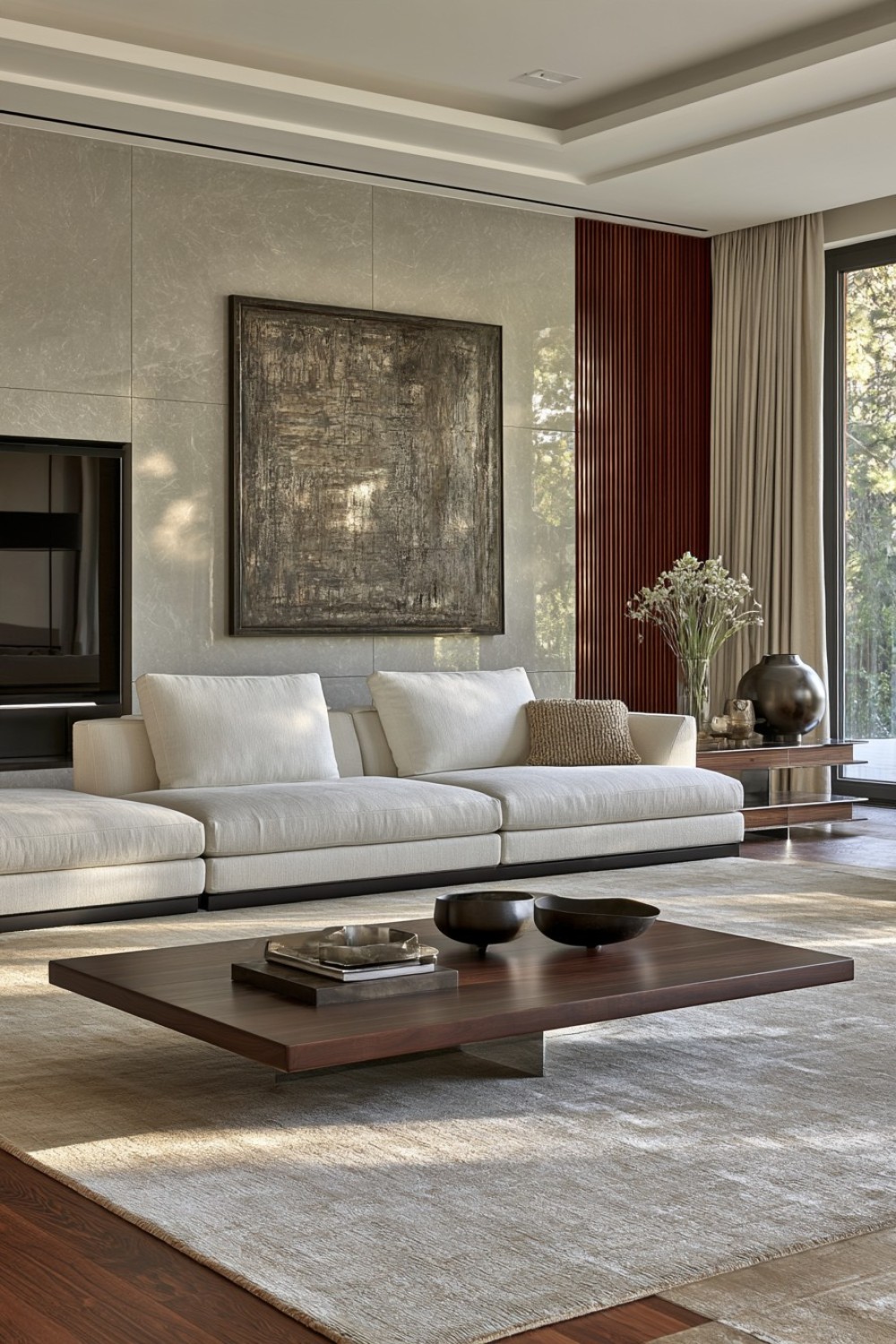 Minimal living room with a sofa on a concealed floating base