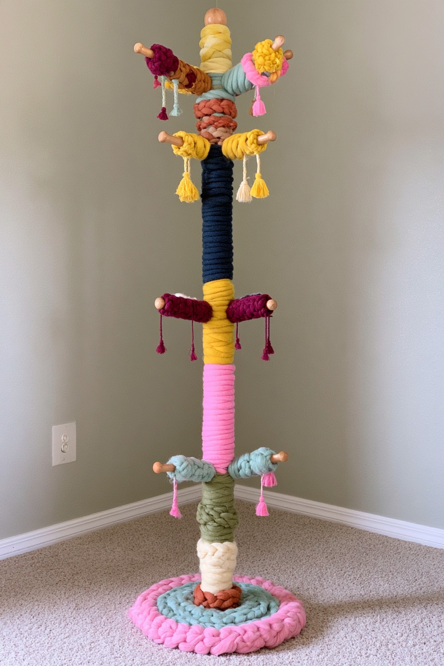 Freestanding coat rack decorated with colorful wrapped yarn