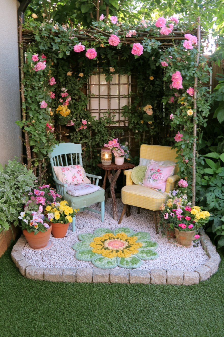 Garden seating nook beside a climbing rose trellis