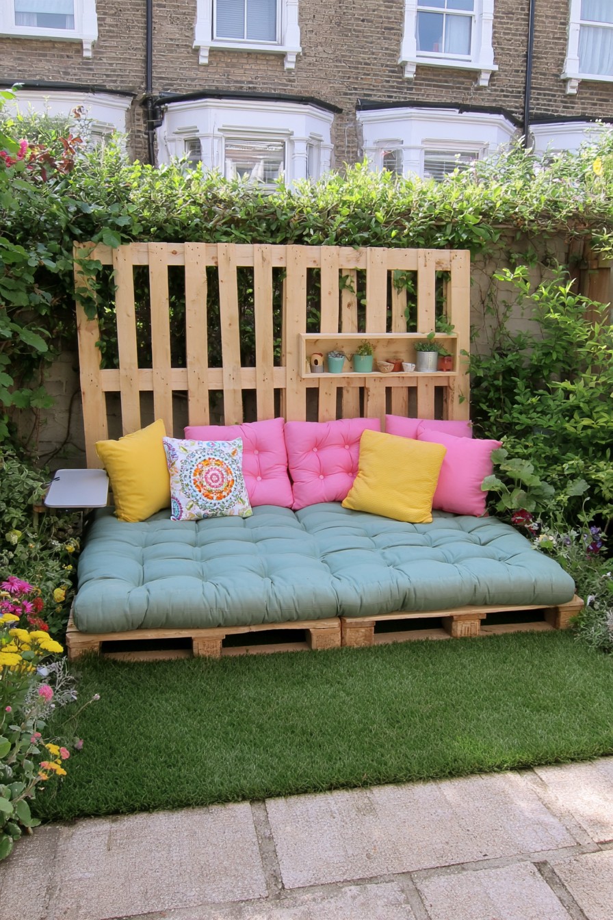 Pallet garden daybed with raised headboard and narrow shelf