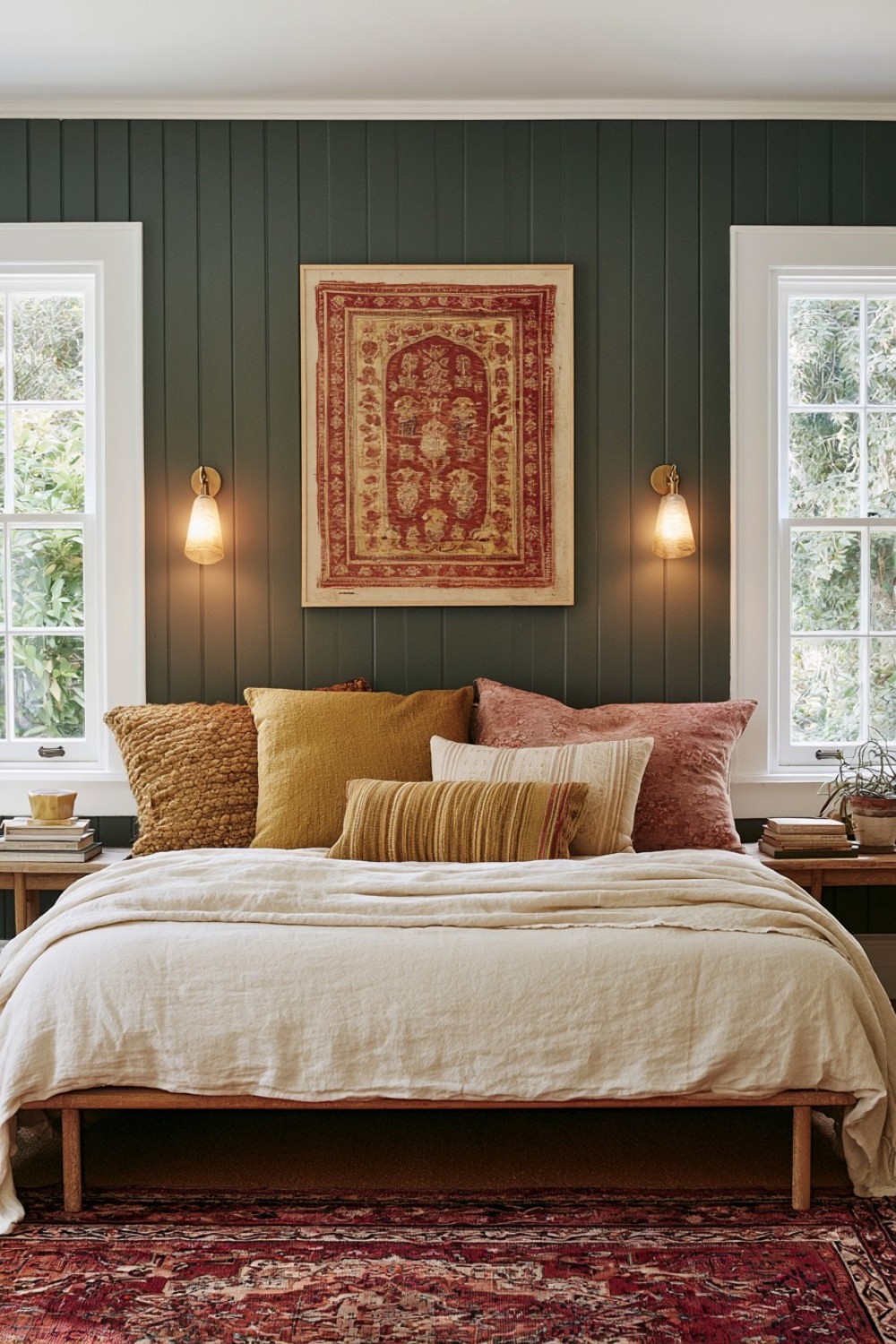 Bohemian bed arranged with coordinated mismatched pillows