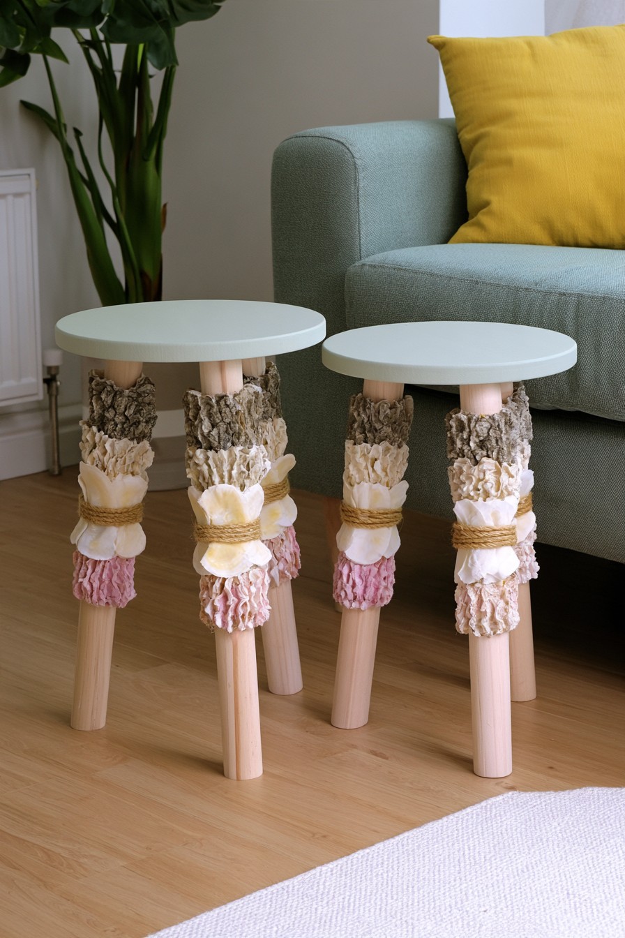 Wood side tables decorated with seashell textures and natural rope