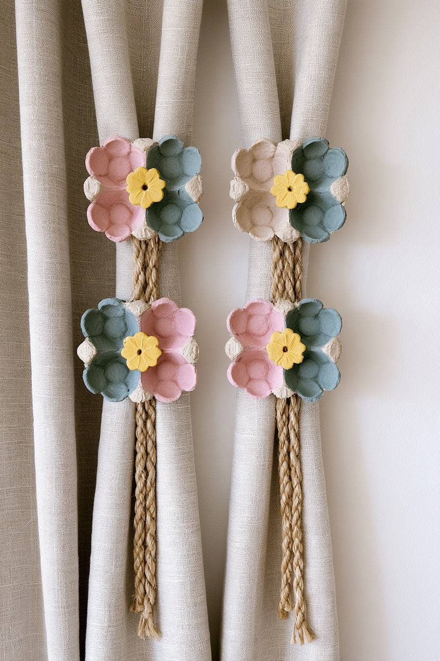 Floral curtain tiebacks made from painted egg carton flowers and jute cord
