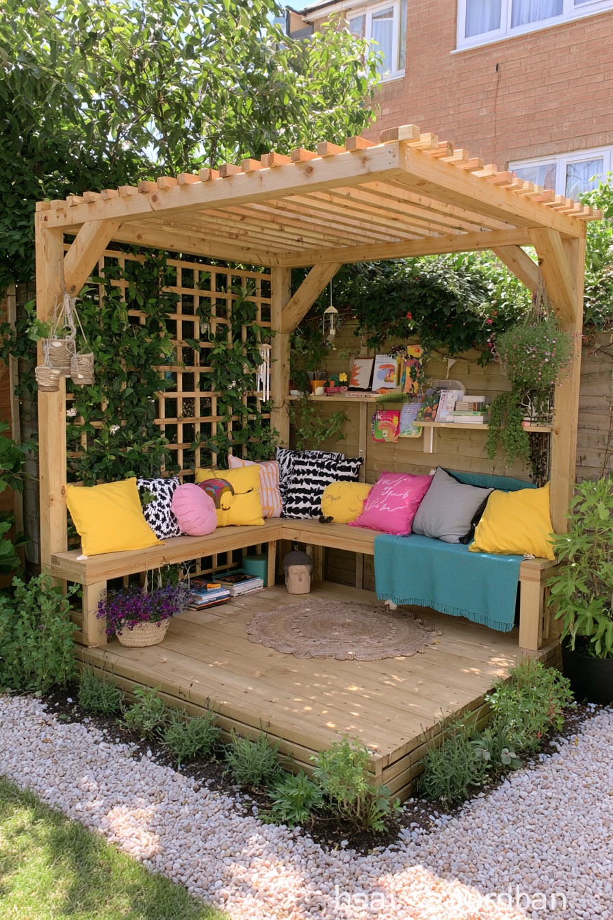 Open timber pergola over corner seating with bookshelves and a raised timber floor