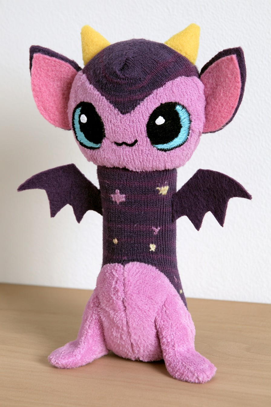 Purple bat dragon character with a pink face, dark wings, pointed ears and yellow horns