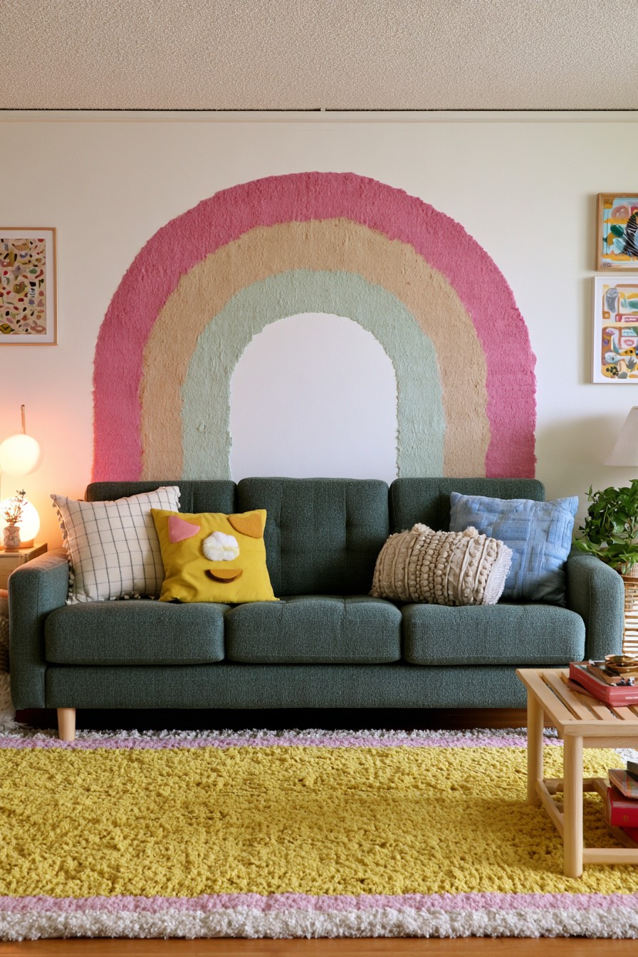 Large dusty pink beige and sage rainbow arch behind a sofa