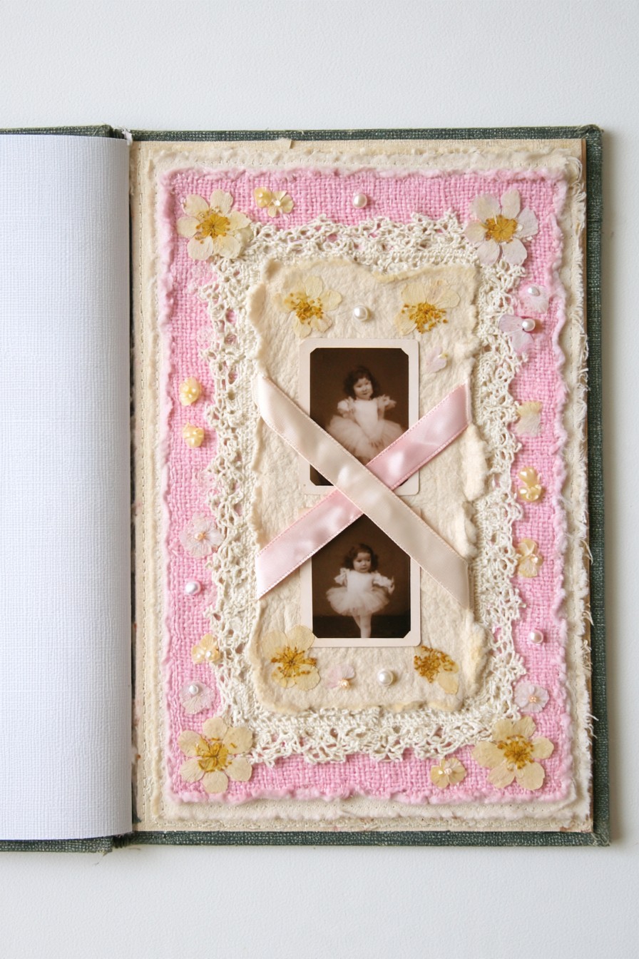 Ribbon crossed portraits with lace and pressed flowers