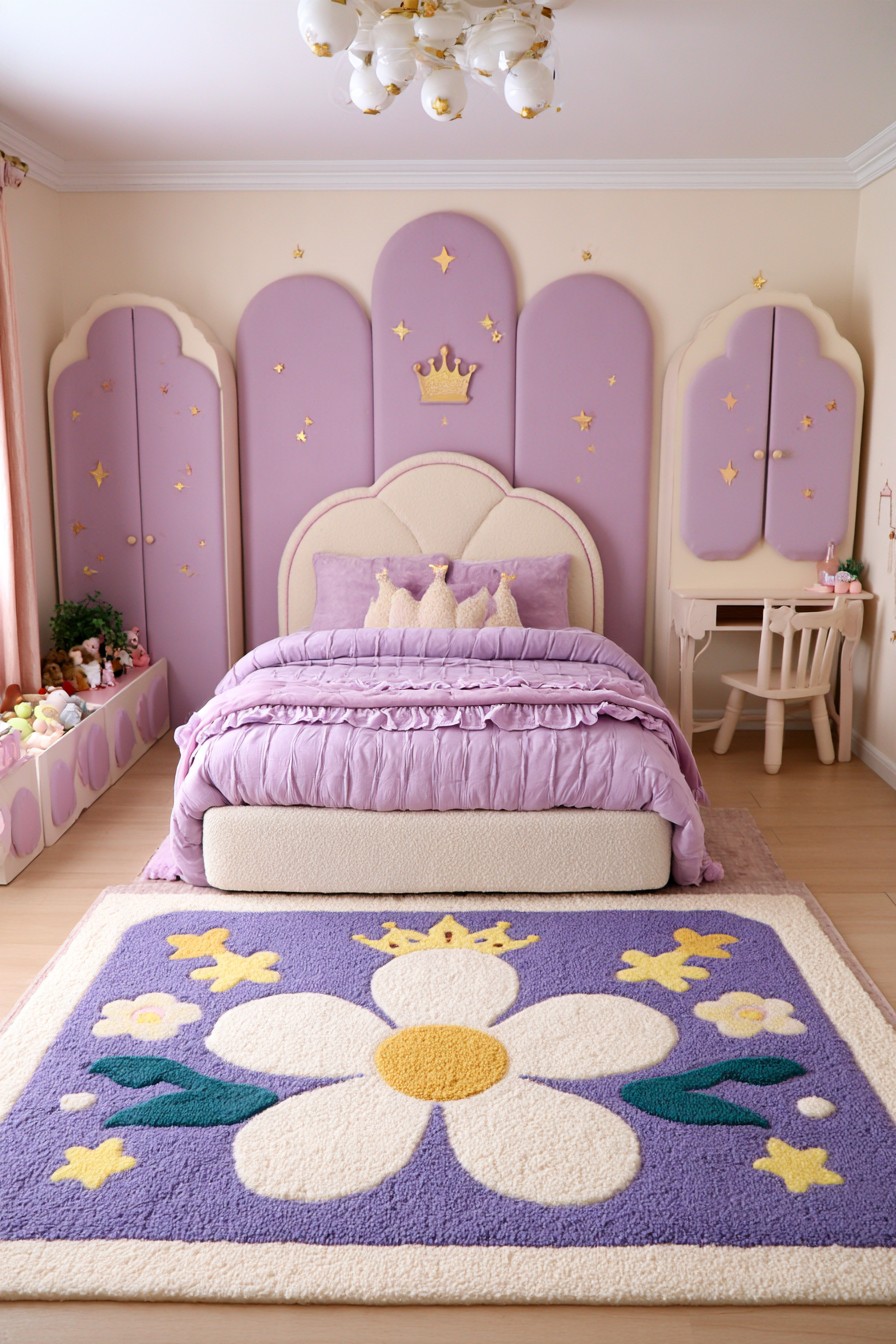 Lavender princess bedroom with crown details and upholstered panels