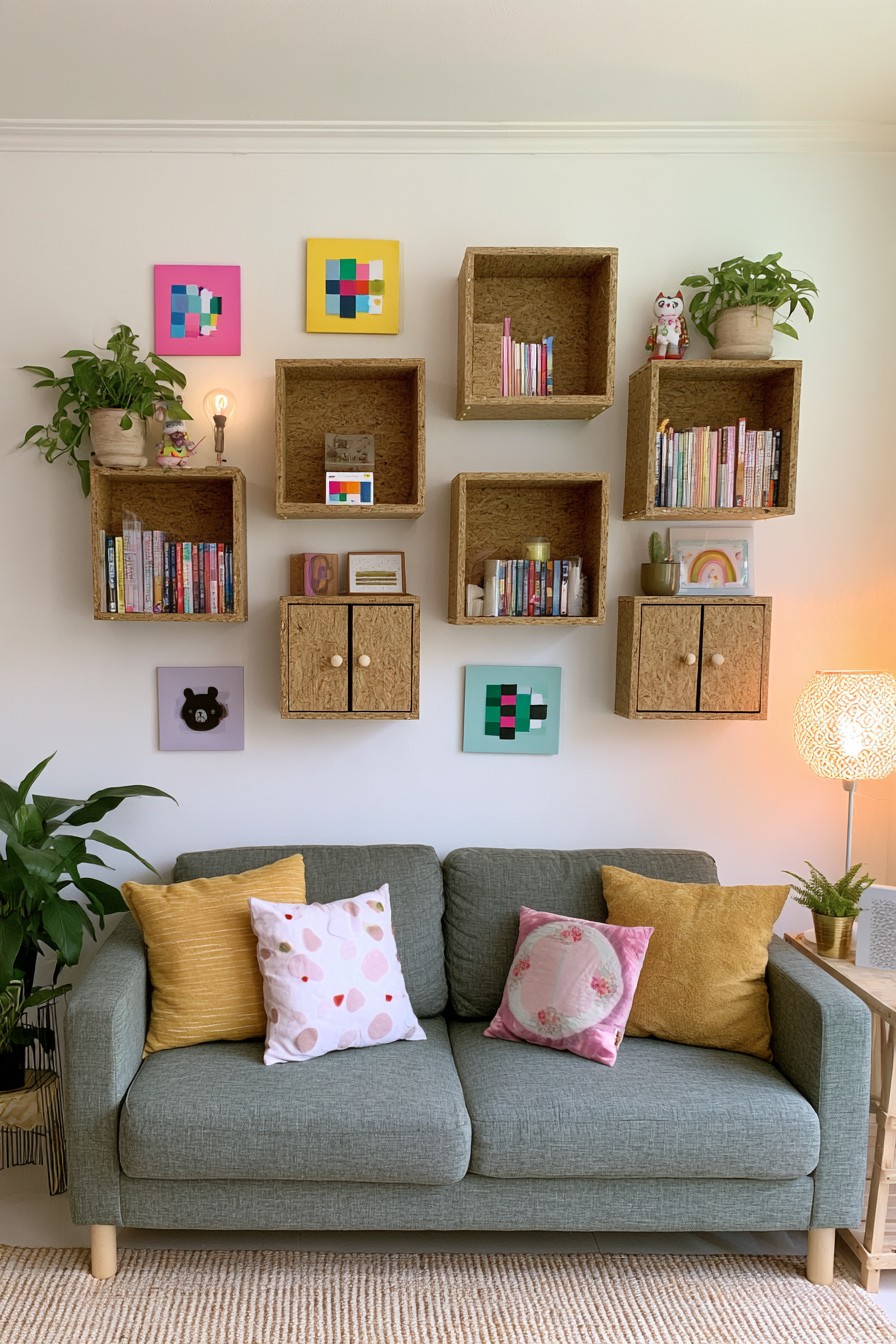 Modular wooden wall cubes for books and display storage