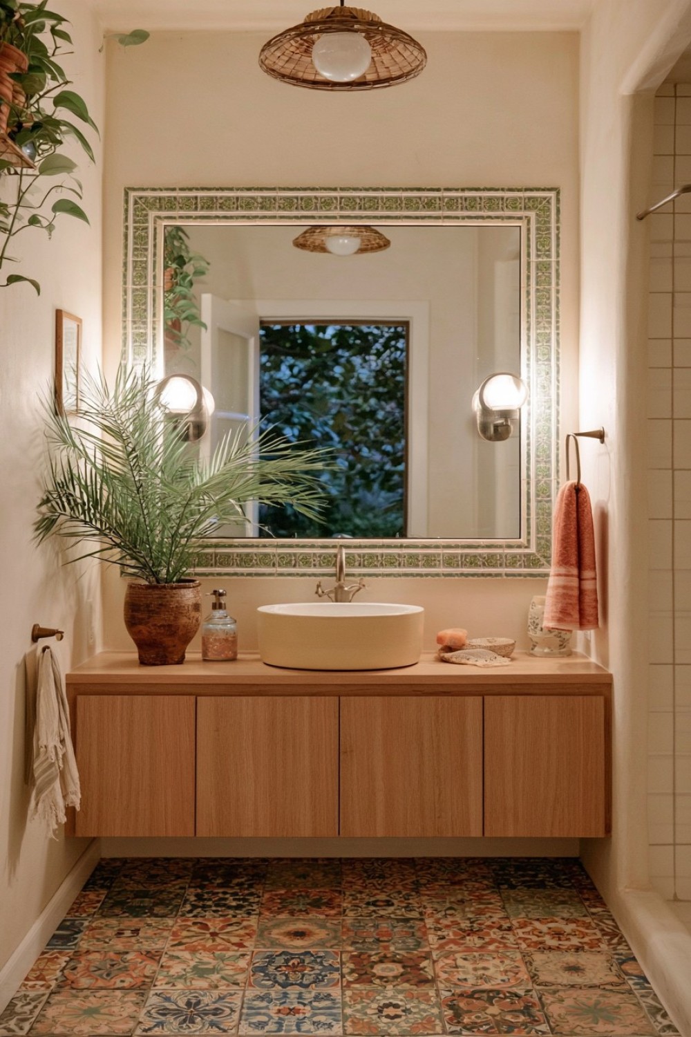 Boho bathroom with a patchwork tile floor and calm neutral walls