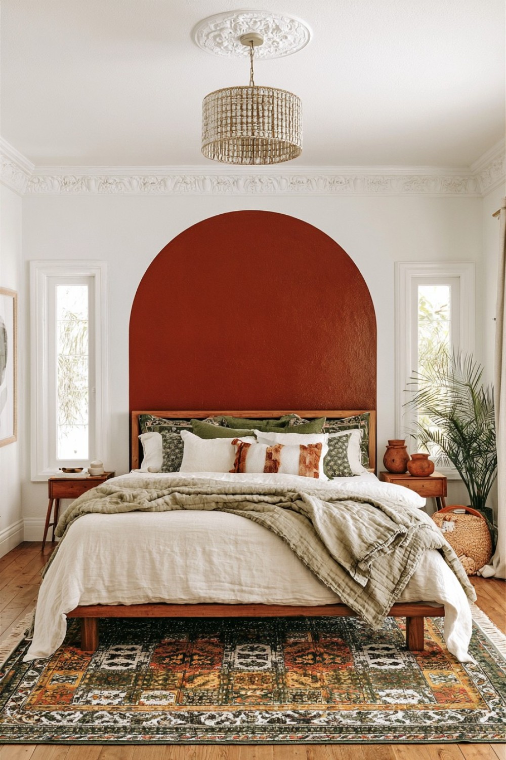 Hand-painted color arch framing a bohemian bedroom bed