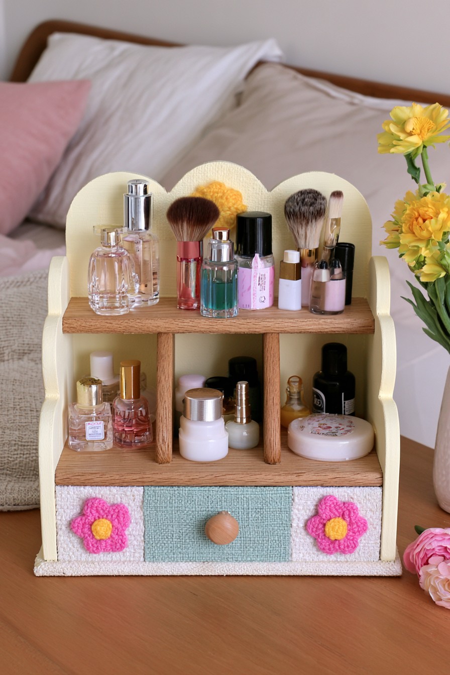 Wooden vanity organizer with open shelves and a small drawer