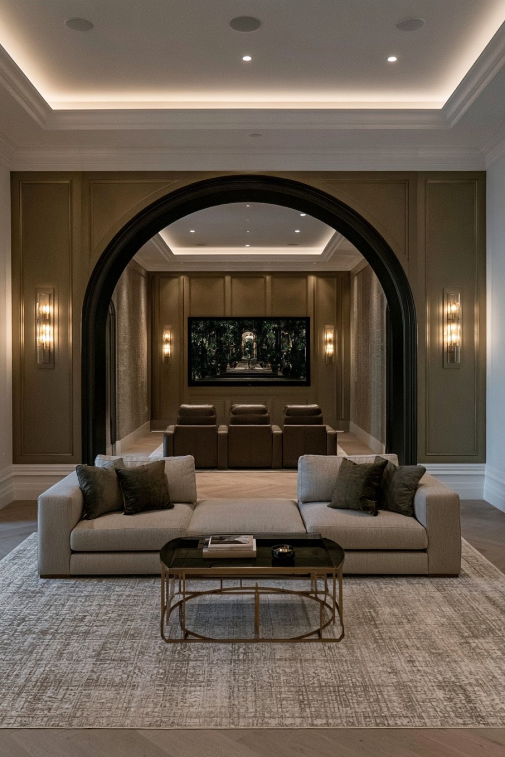 Cinematic archway marking the entrance to a basement theater