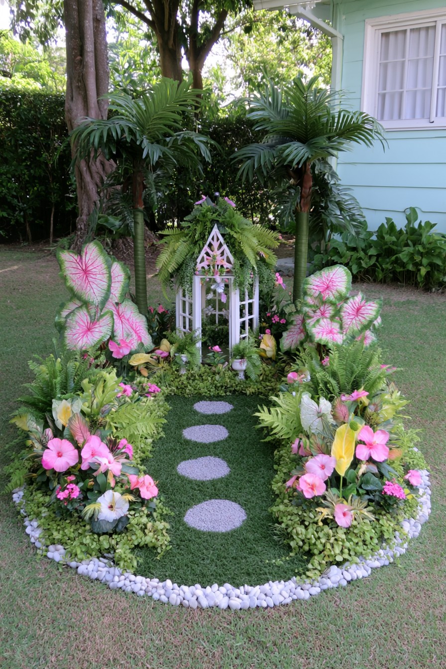 Curved tropical island bed with a miniature decorative fairy gateway