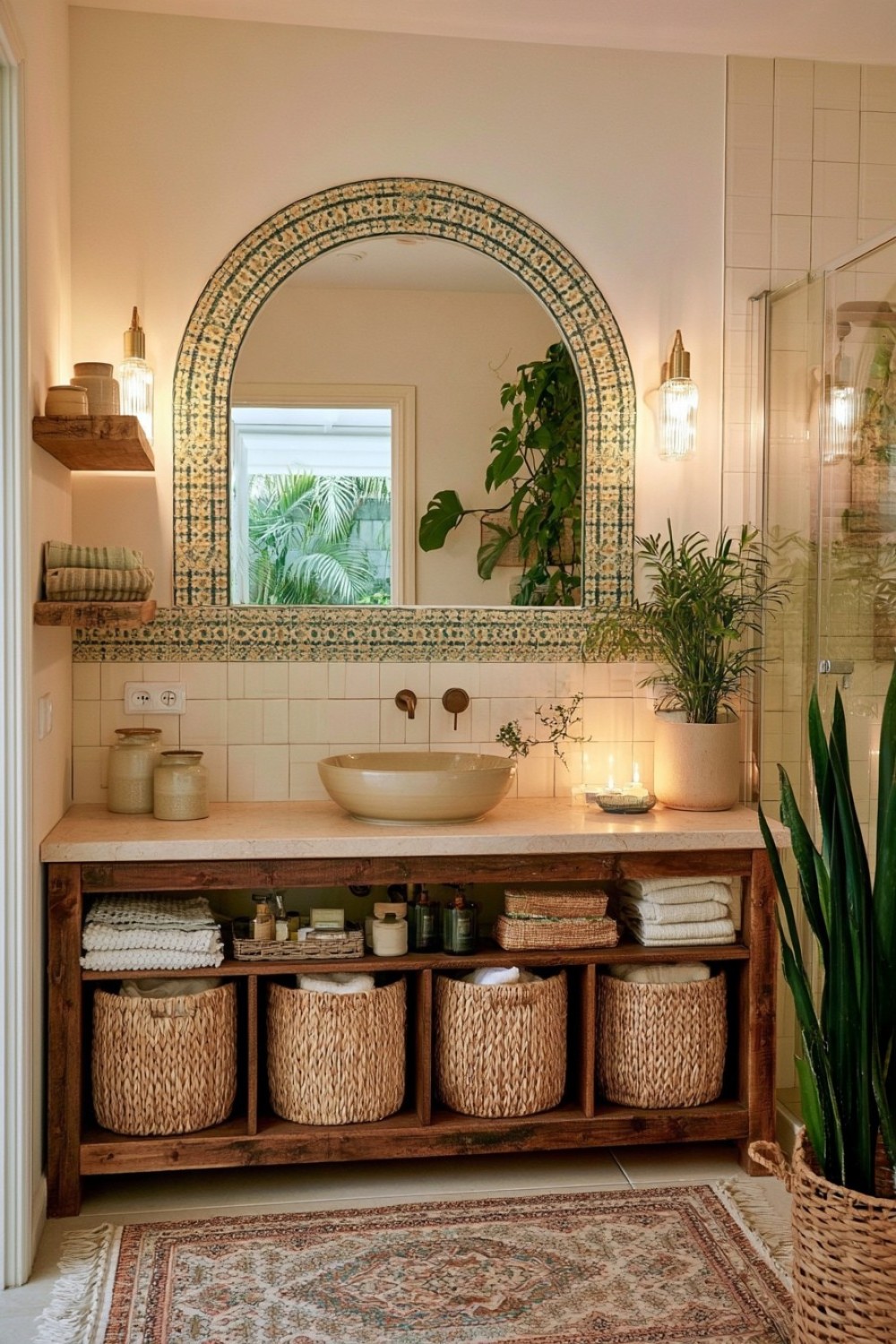 Boho bathroom organized with woven baskets and practical storage