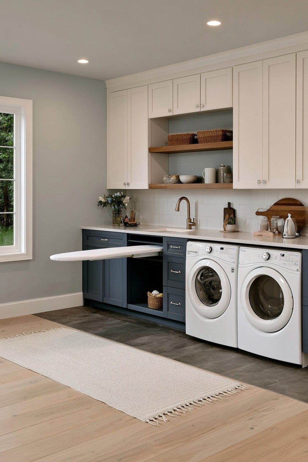 Hidden pull-out ironing station in basement laundry cabinetry
