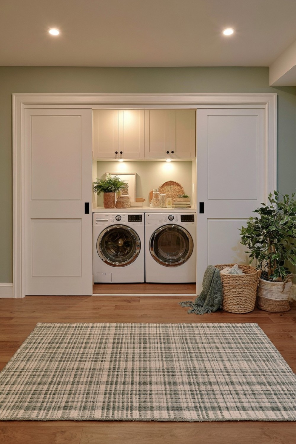 Compact basement laundry wall concealed behind sliding panels