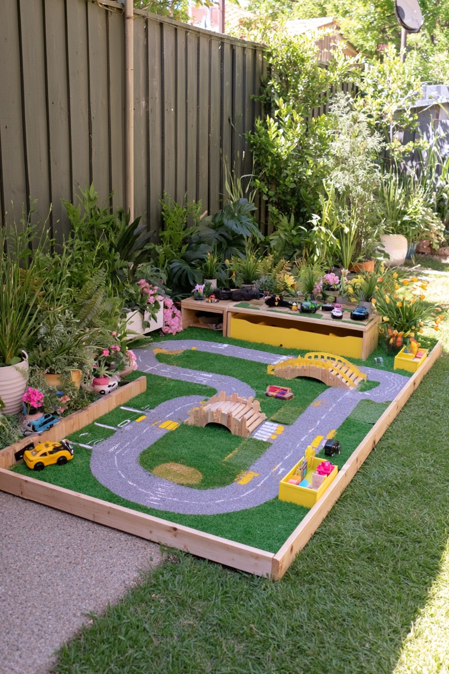 Small outdoor track for toy cars set within a garden
