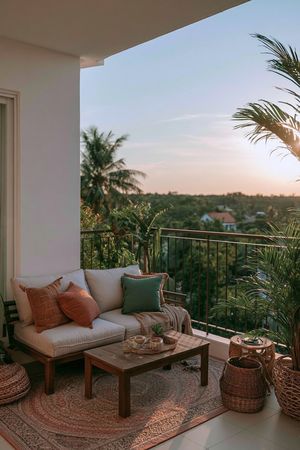 Apartment balcony with a low-profile lounge arrangement