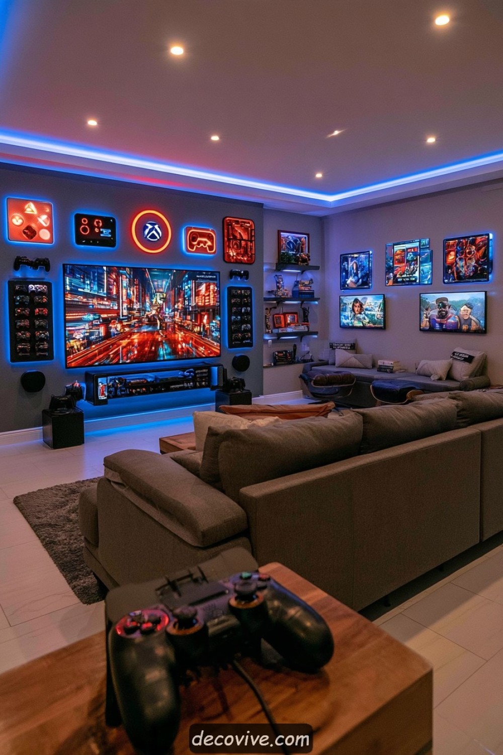Back-to-back gaming and relaxation areas in a shared media room