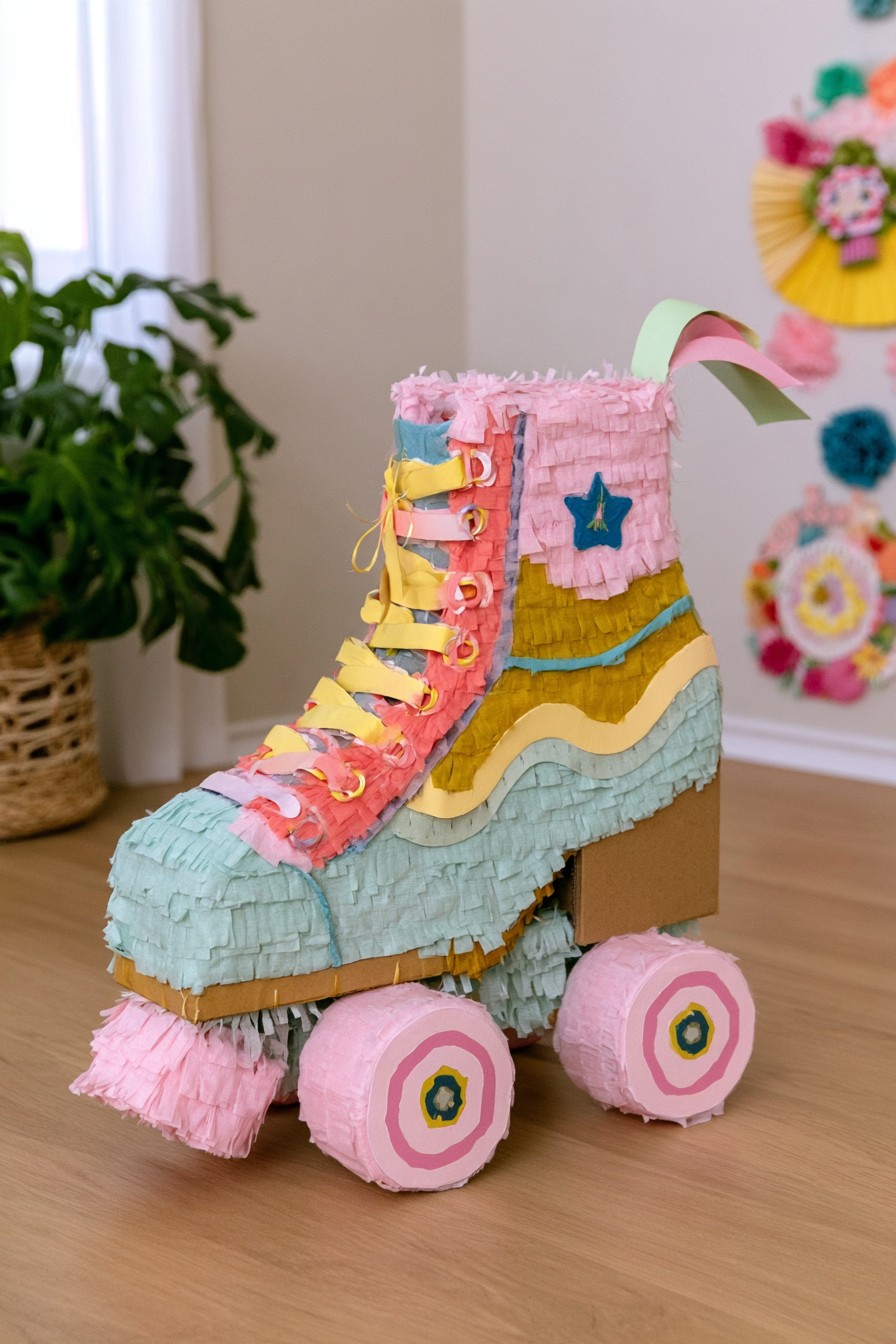 Retro roller skate piñata with pastel fringe and colorful wheels