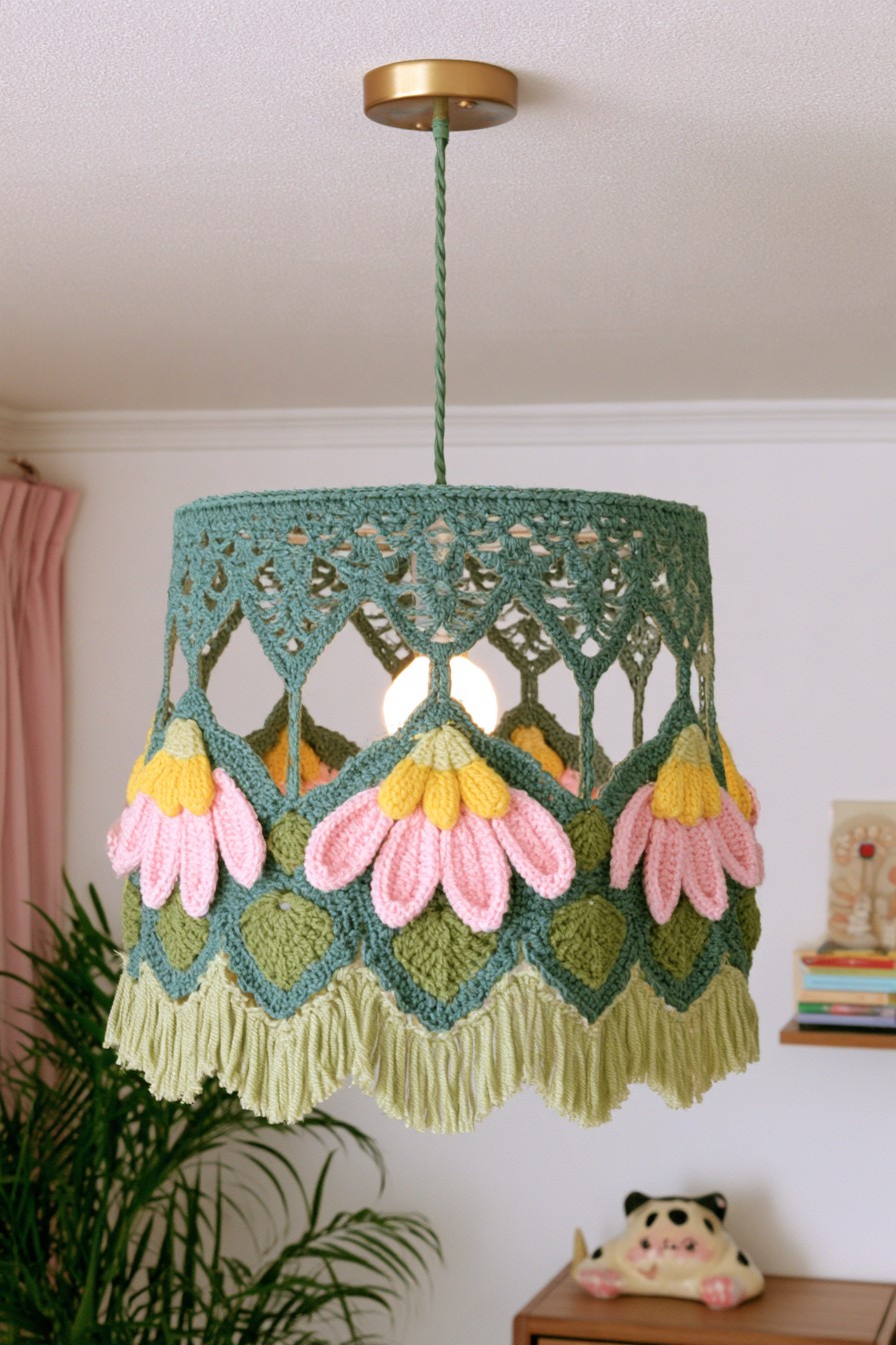 Green floral crochet pendant shade with layered leaves
