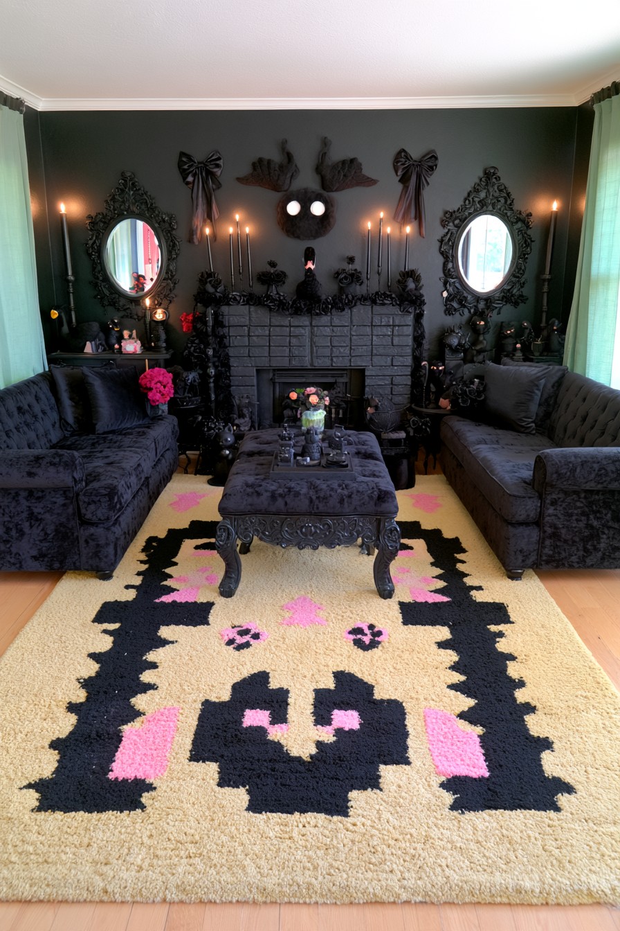 Two dark velvet sofas facing across an upholstered ottoman and cream graphic rug in a Gothic room with green curtains