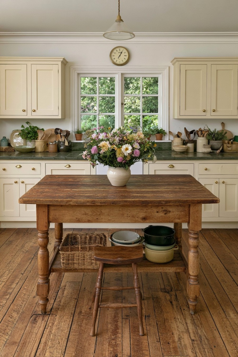 Butcher block worktable used as an island in a cottage kitchen