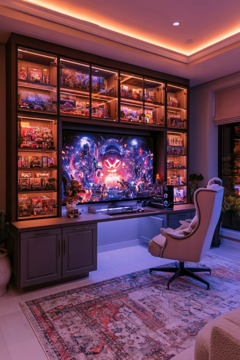 Gaming collectibles displayed inside illuminated museum-style cabinets