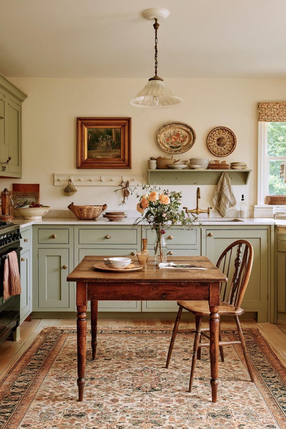 Unfitted wall with freestanding furniture in a cottage kitchen