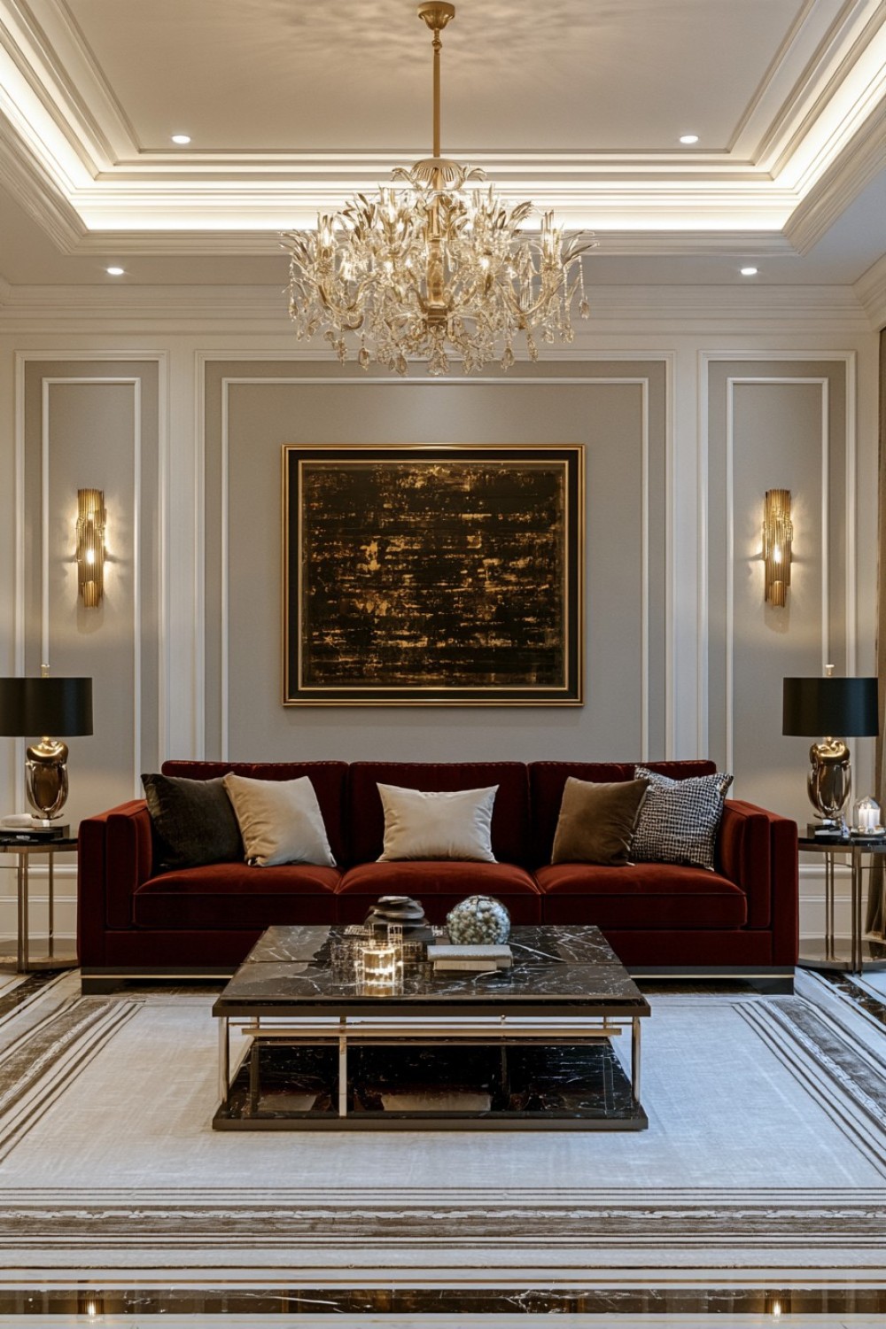 Burgundy upholstered sofa creating a rich contemporary living room