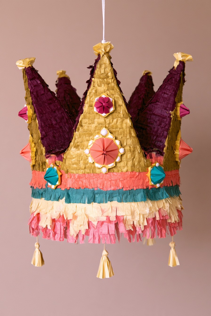 Colorful crown piñata with paper gems medallions and tissue fringe