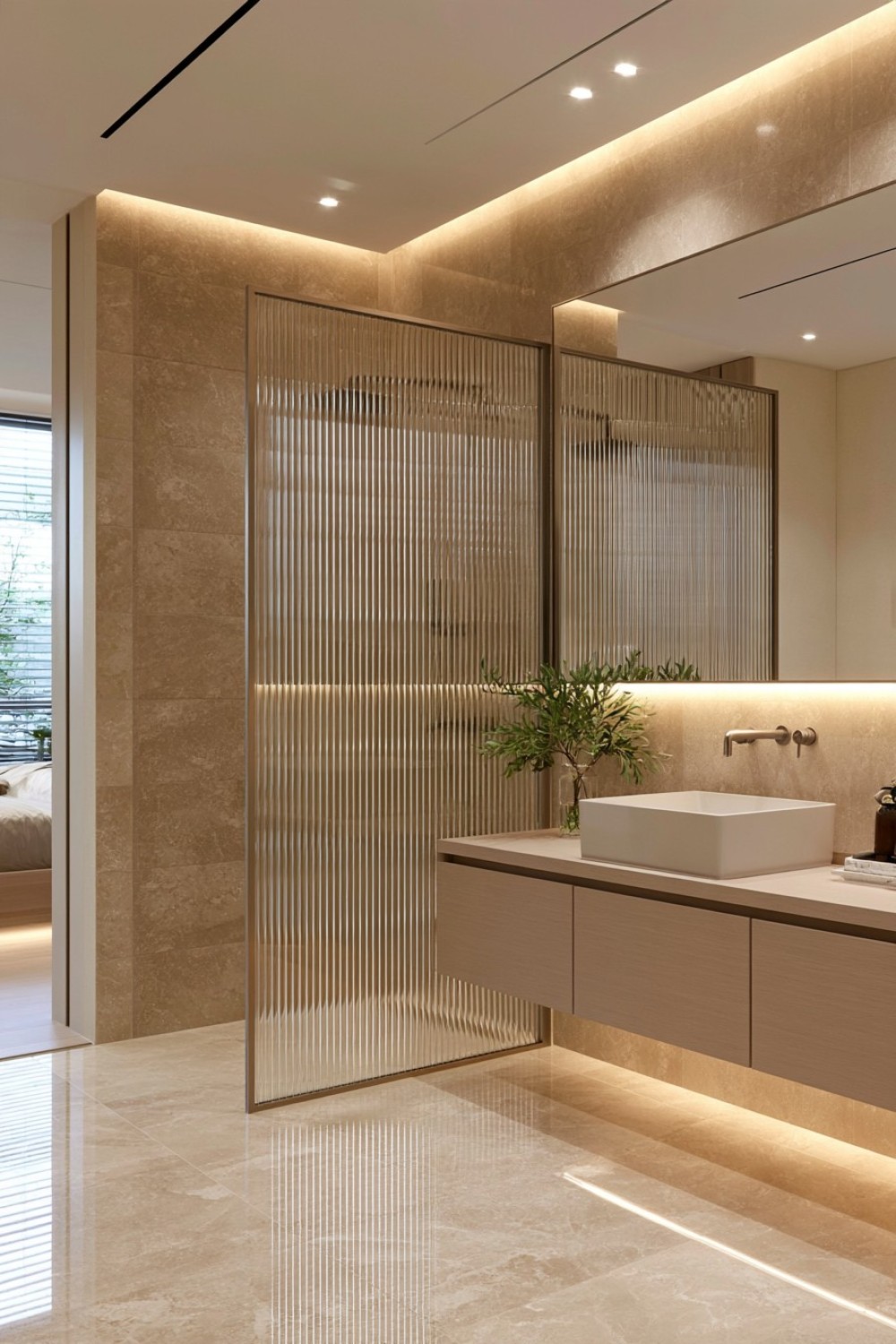 Ribbed glass screen providing filtered privacy in a contemporary bathroom
