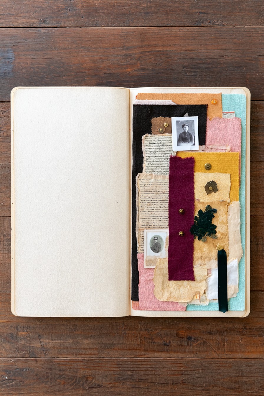 Layered vintage fabric and paper collage