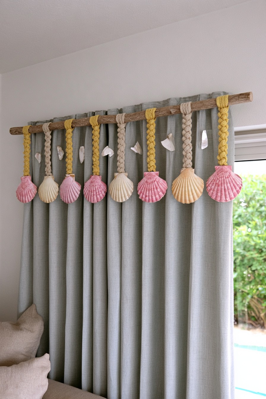 Coastal curtain topper made with braided rope and scallop seashells