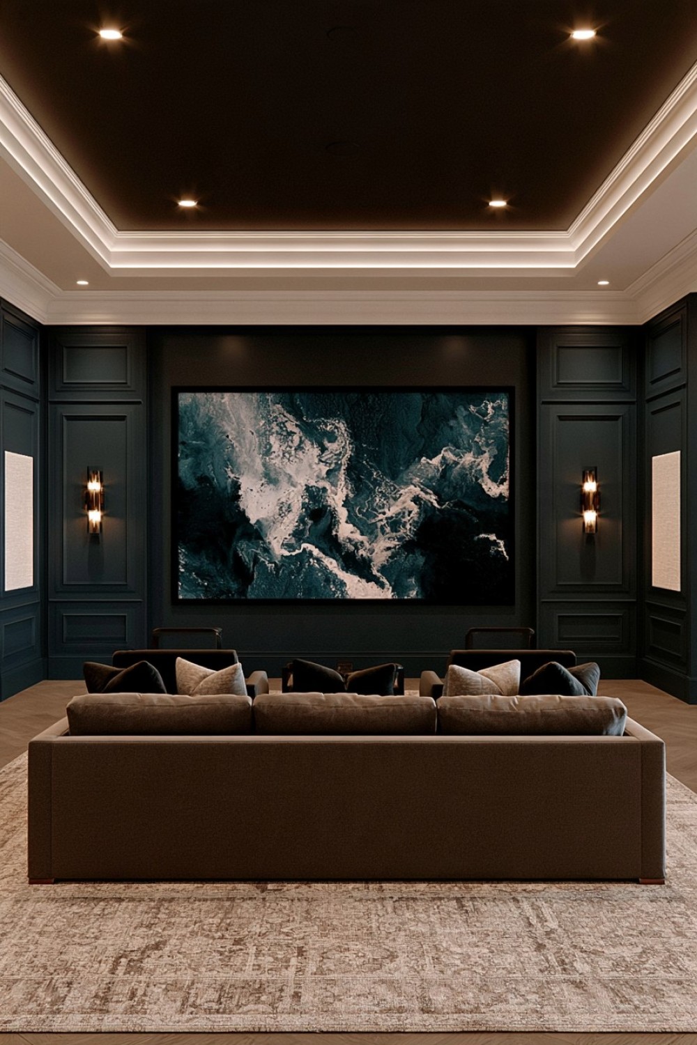 Classic basement screening room finished with wall panel molding