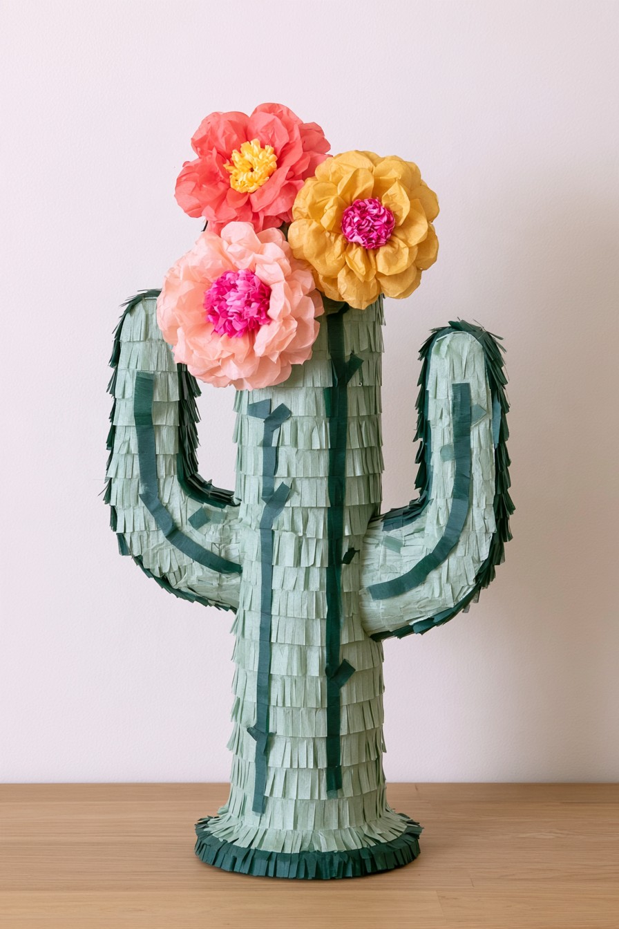 Green flowering cactus piñata decorated with colorful paper flowers