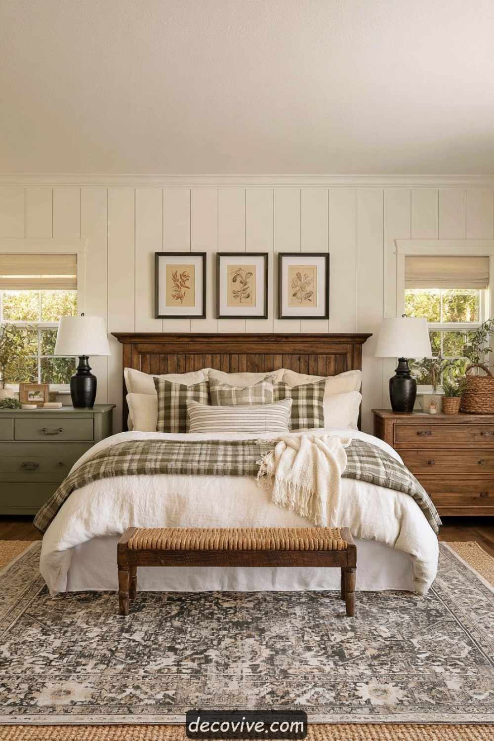 Farmhouse bedroom decorated in faded sage, cream, and warm oak