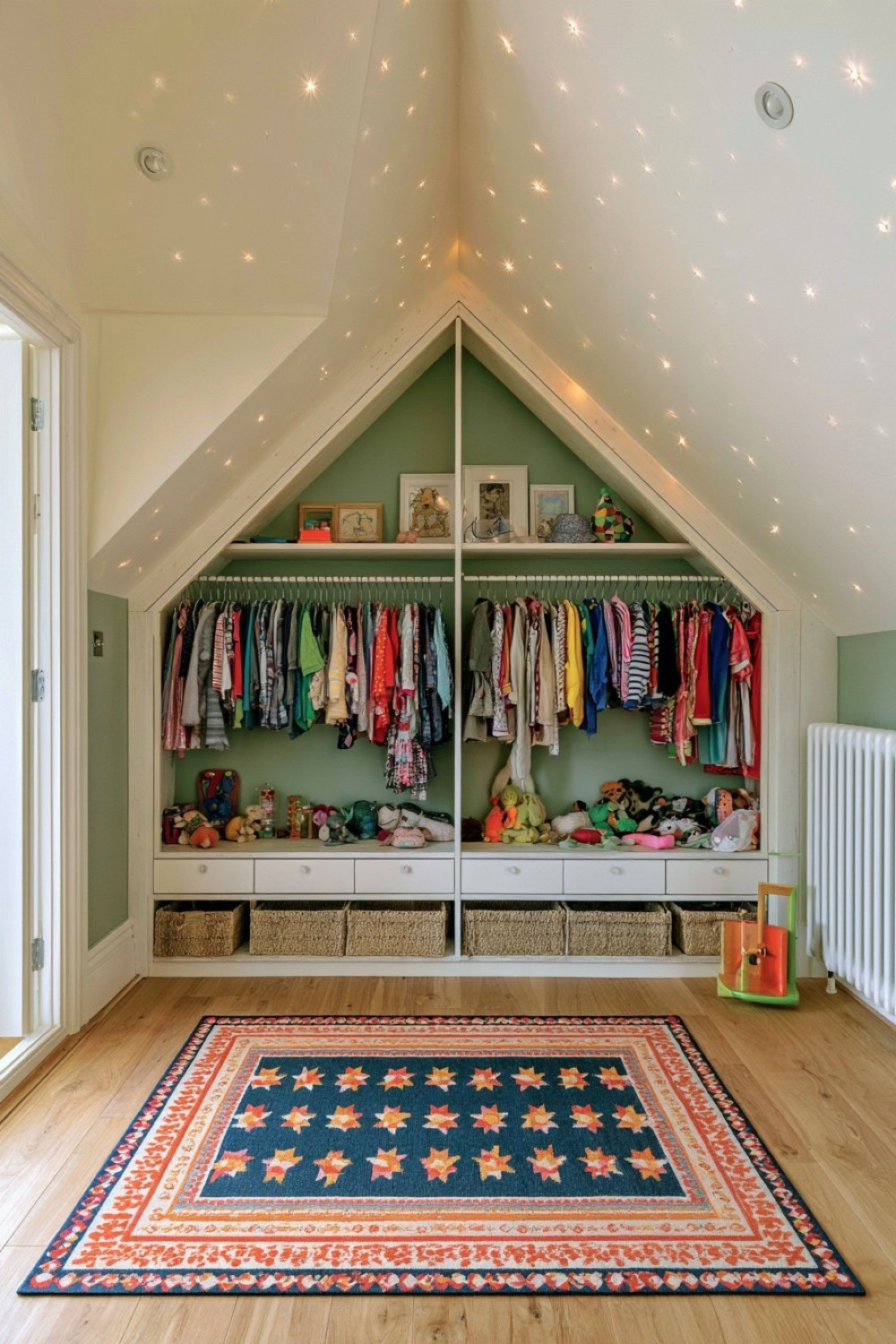 Low dress-up wardrobe fitted beneath attic eaves