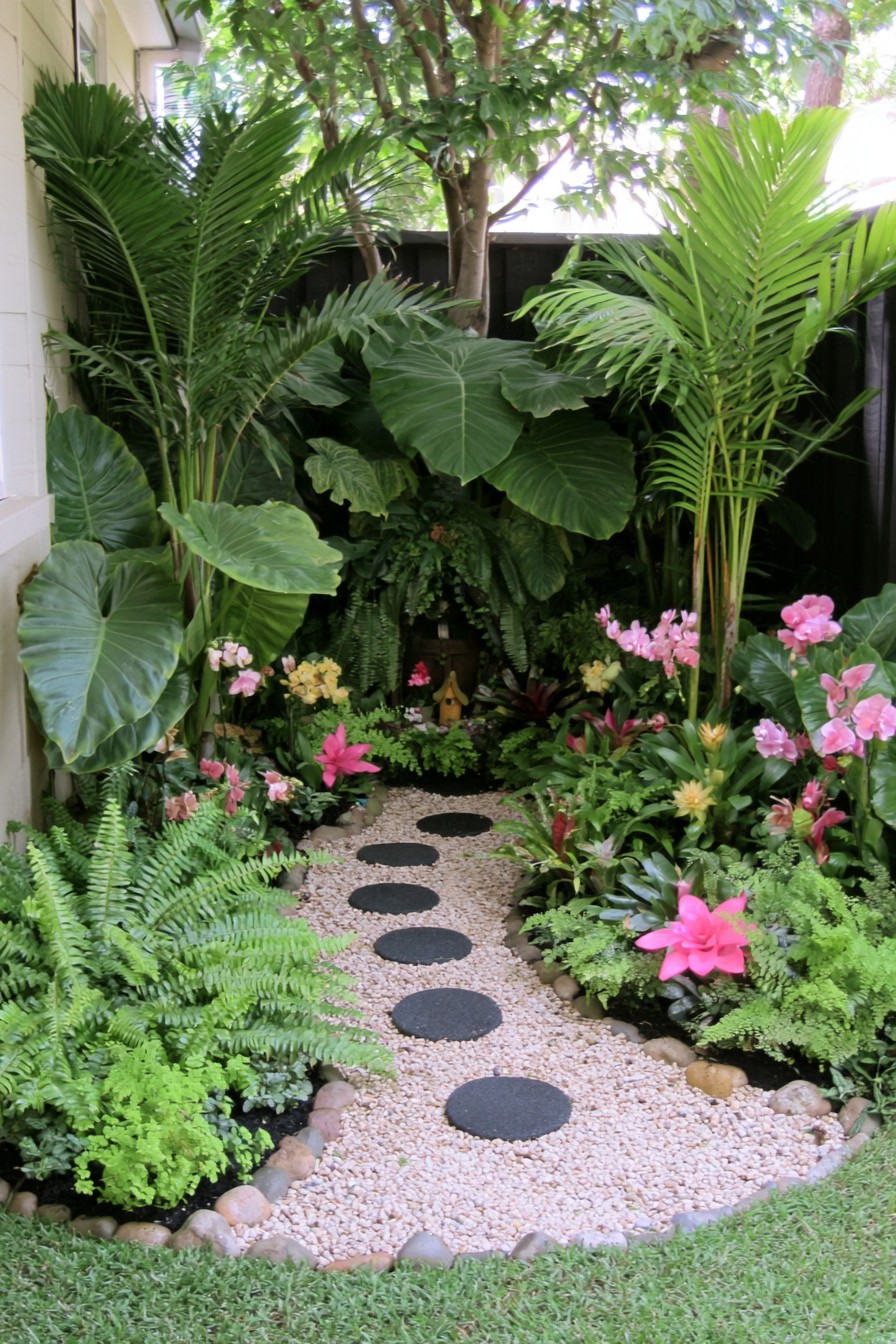 Curved pebble pathway passing through dense tropical garden foliage