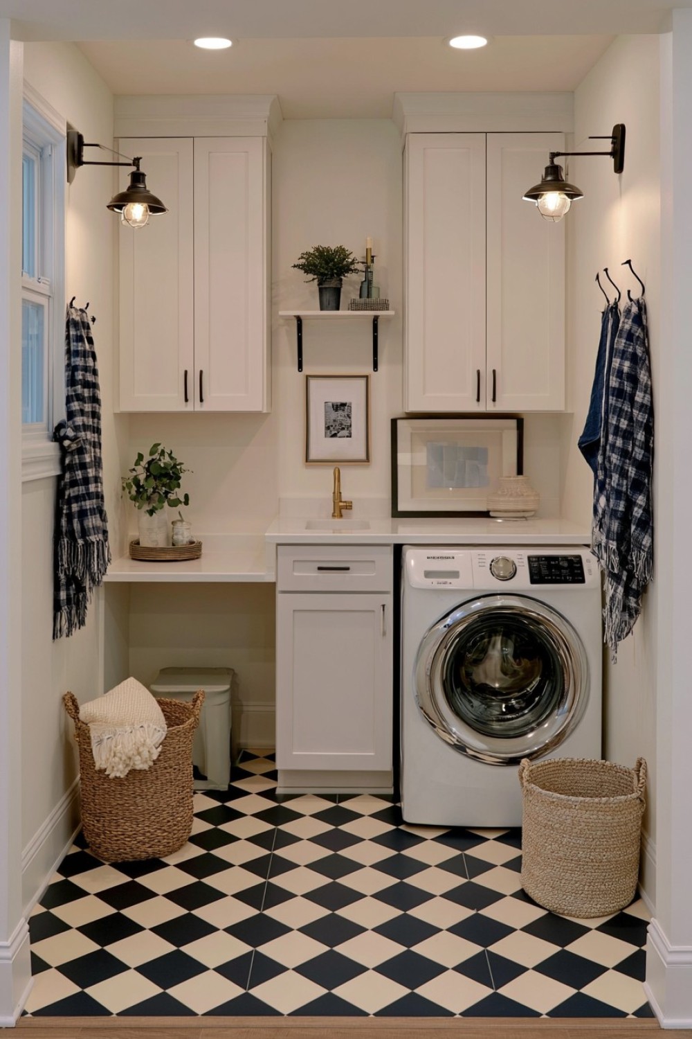 Durable checkerboard floor in a basement laundry room