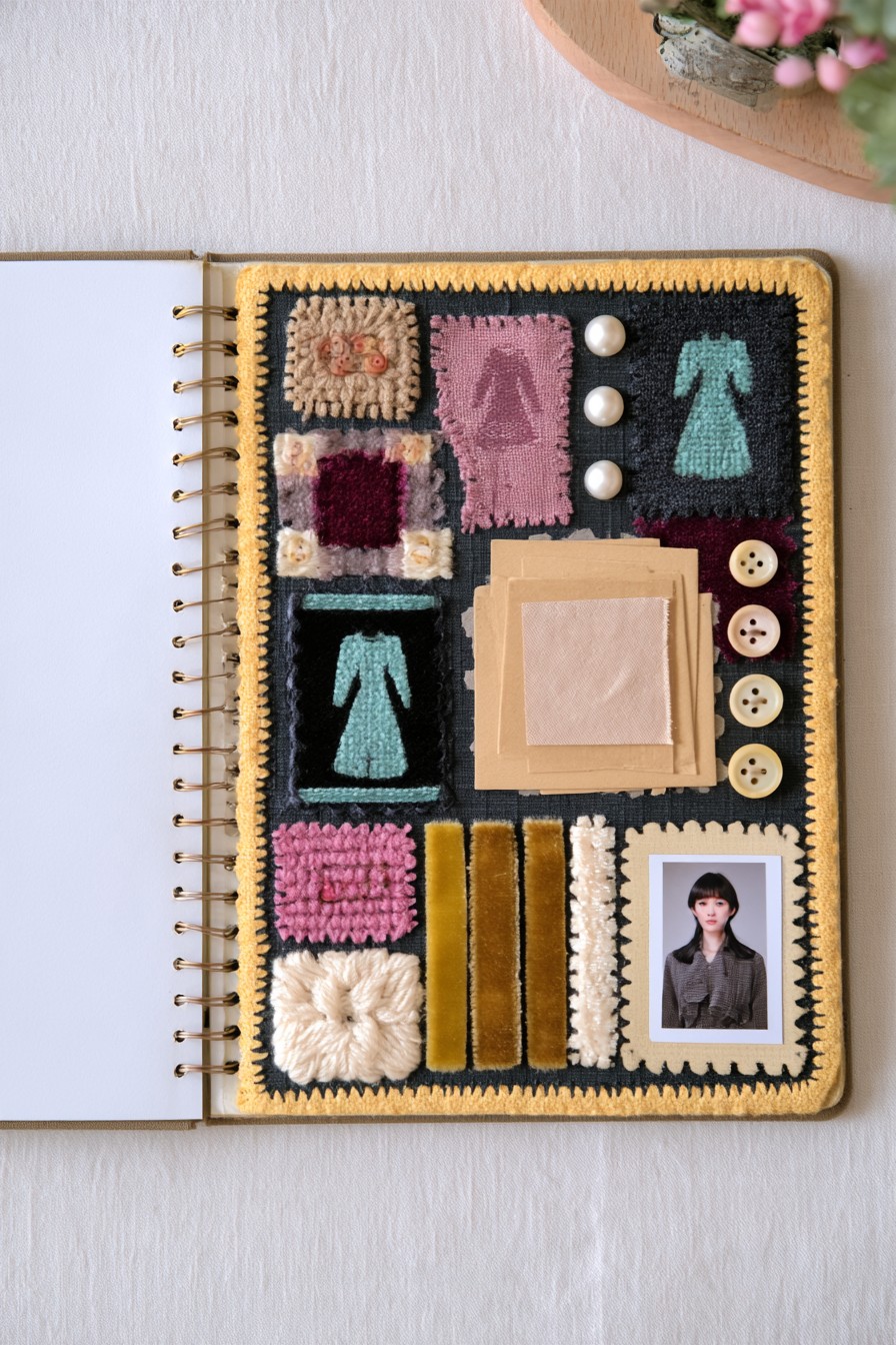Textile sample collage with buttons and vintage portrait