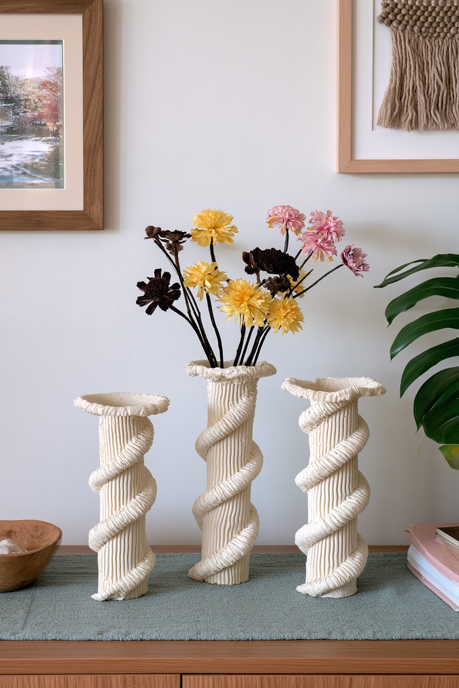 Trio of spiral textured air dry clay vases