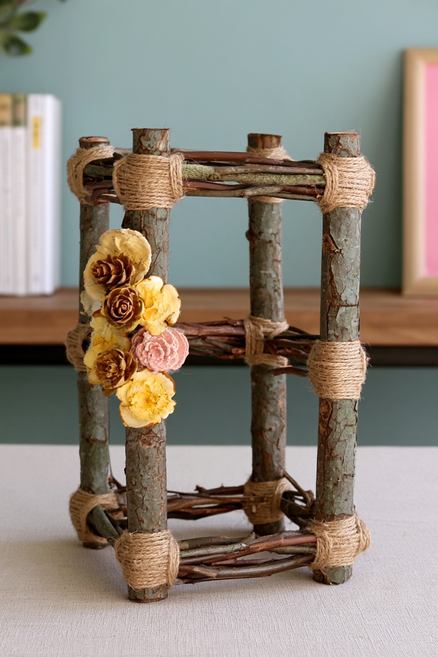 Open cube display made from branches with jute-wrapped corner joints