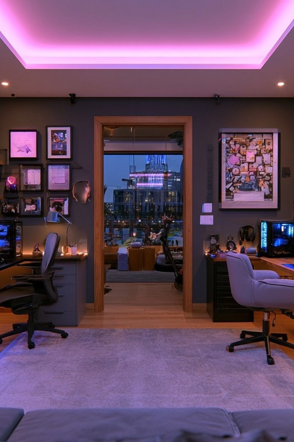 Shared gaming room with desks positioned on opposite walls
