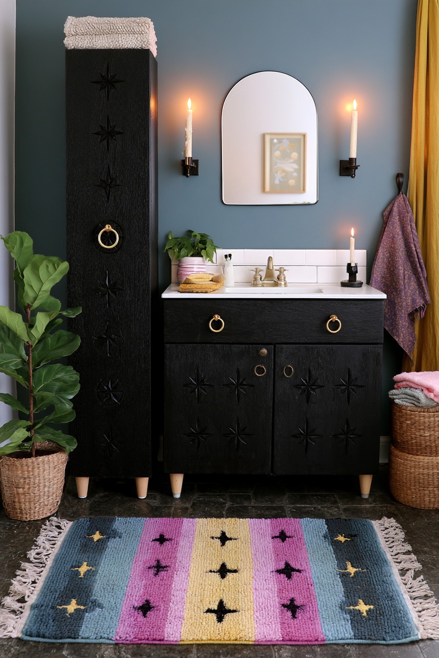 Black starburst relief drawer fronts with brass ring pulls